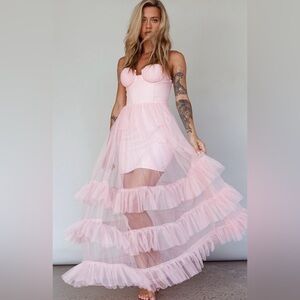 Moonlight Sonata Ruffle Mesh Maxi Dress Cameo Pink size XL NWT